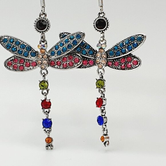 Multi Color Dragonfly Crystal Rhinestone Silver Plated Hook Earrings, V… - Picture 7 of 9
